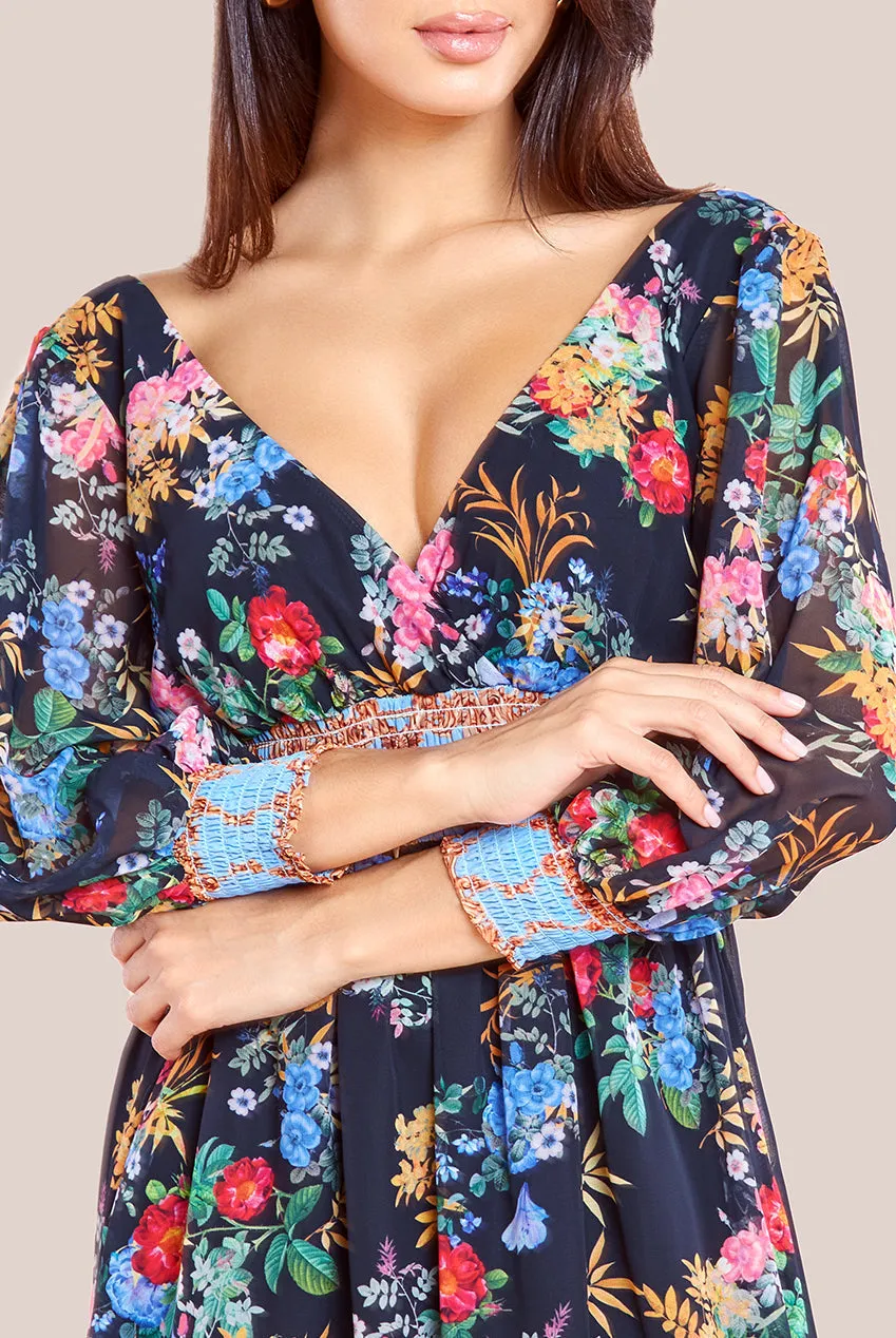 Chiffon Wrap Border Floral Print Midi Dress - Black by Goddiva sold by Goddiva product image thumbnail 4