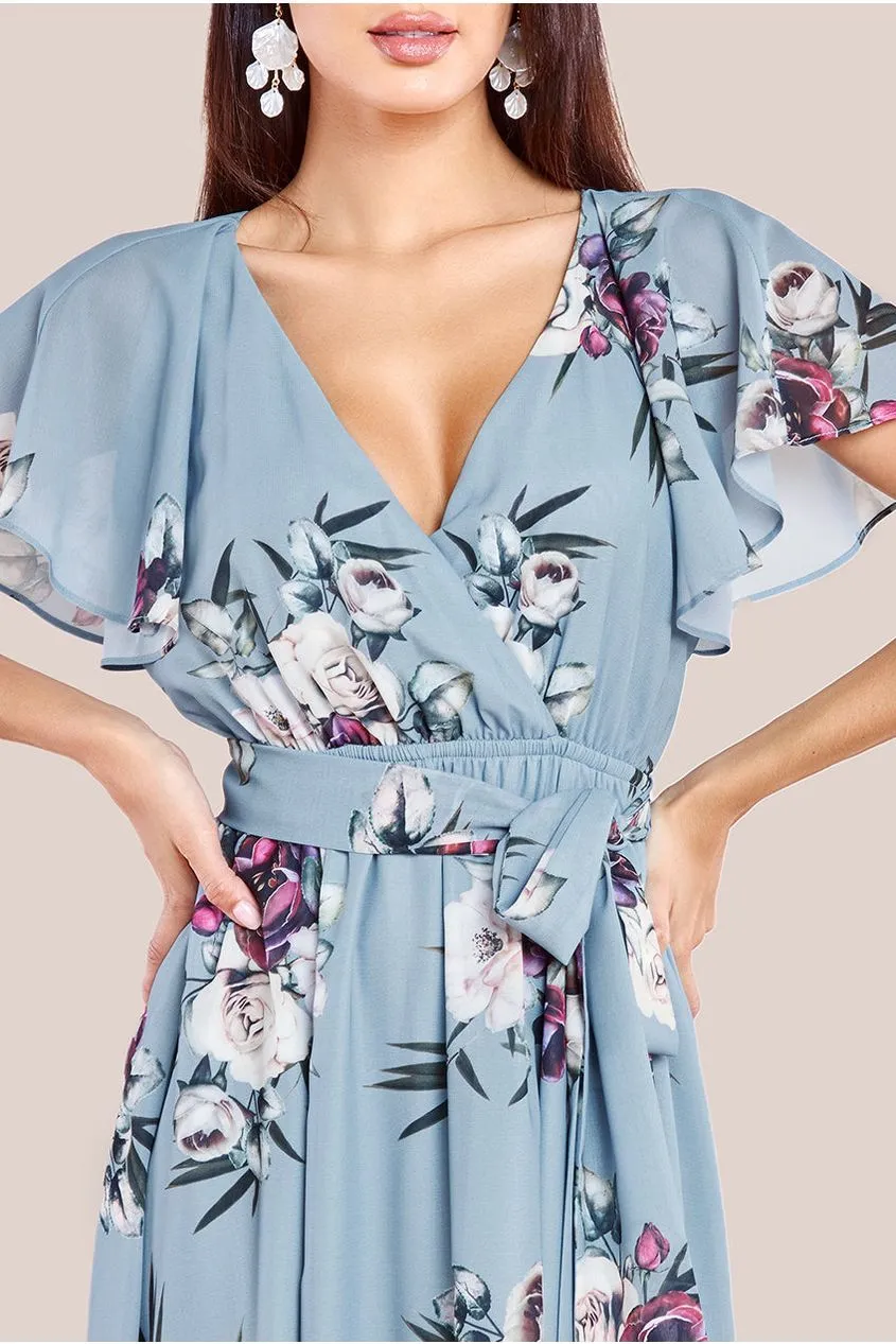 Goddiva Sustainable Printed Flutter Sleeve Maxi Dress - Airforce Blue sold by Goddiva product image thumbnail 3