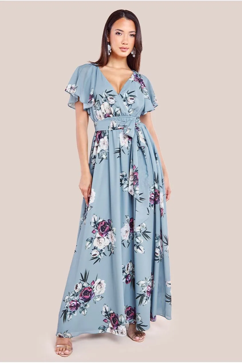 Goddiva Sustainable Printed Flutter Sleeve Maxi Dress - Airforce Blue sold by Goddiva product image thumbnail 4