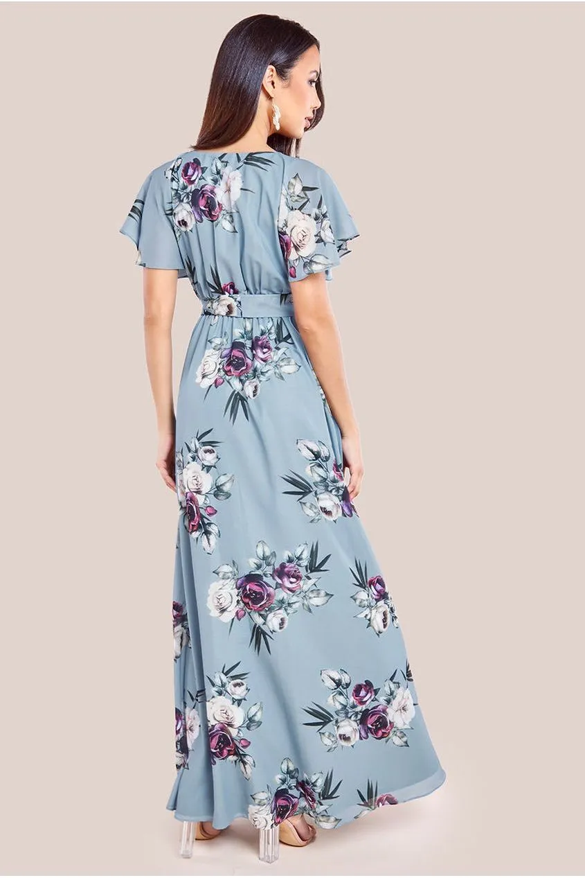 Goddiva Sustainable Printed Flutter Sleeve Maxi Dress - Airforce Blue sold by Goddiva product image thumbnail 2