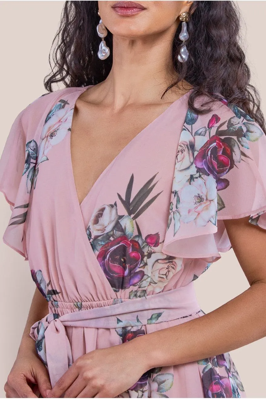 Sustainable Printed Flutter Sleeve Maxi Dress - Peach by Goddiva sold by Goddiva product image thumbnail 3