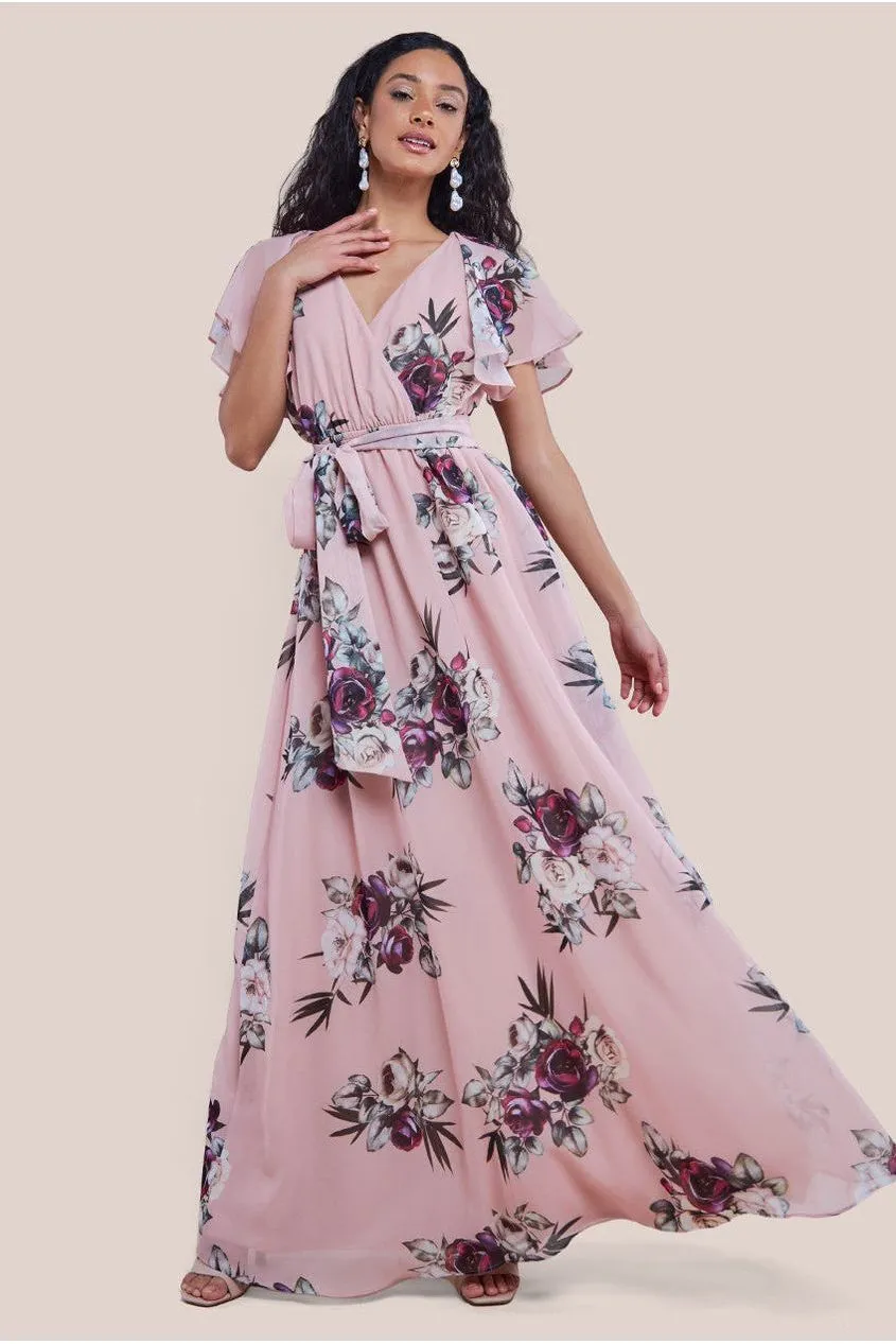 Sustainable Printed Flutter Sleeve Maxi Dress - Peach by Goddiva sold by Goddiva