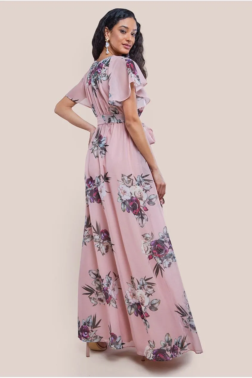 Sustainable Printed Flutter Sleeve Maxi Dress - Peach by Goddiva sold by Goddiva product image thumbnail 2