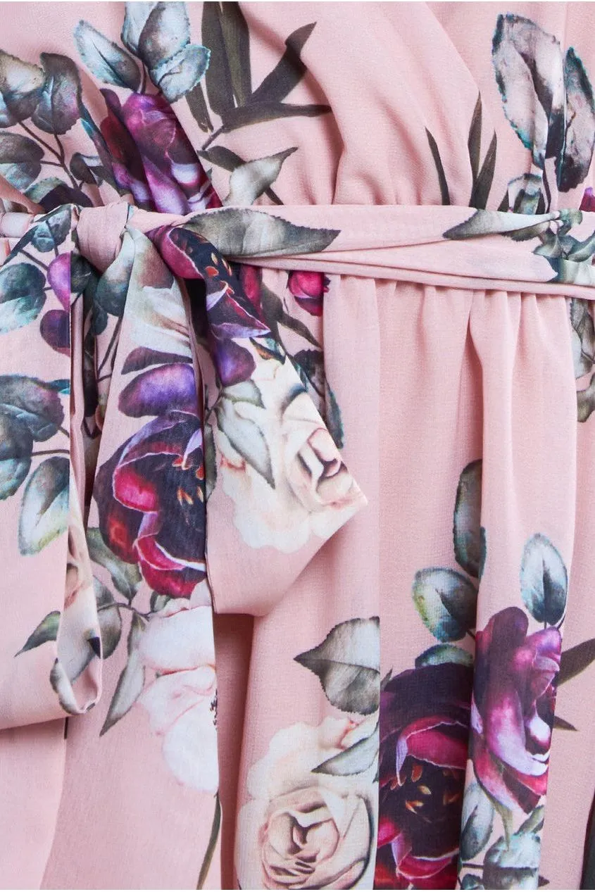 Sustainable Floral Print Midi Wrap Dress With Flutter Sleeves - Peach by Goddiva sold by Goddiva product image thumbnail 4
