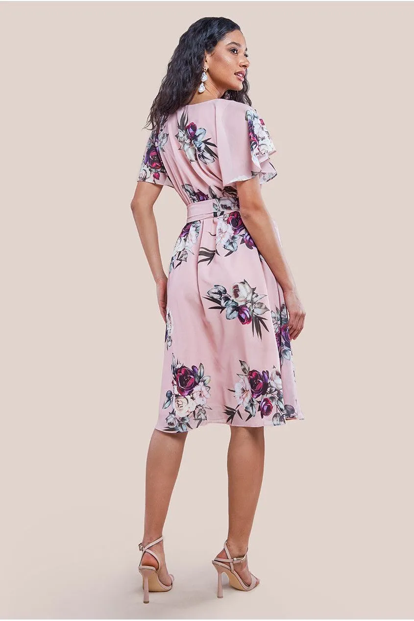Sustainable Floral Print Midi Wrap Dress With Flutter Sleeves - Peach by Goddiva sold by Goddiva product image thumbnail 2