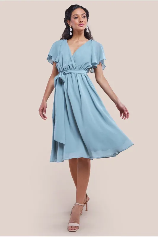 Goddiva Sustainable Flutter Sleeve Chiffon Wrap Midi Dress - Sage Green sold by Goddiva