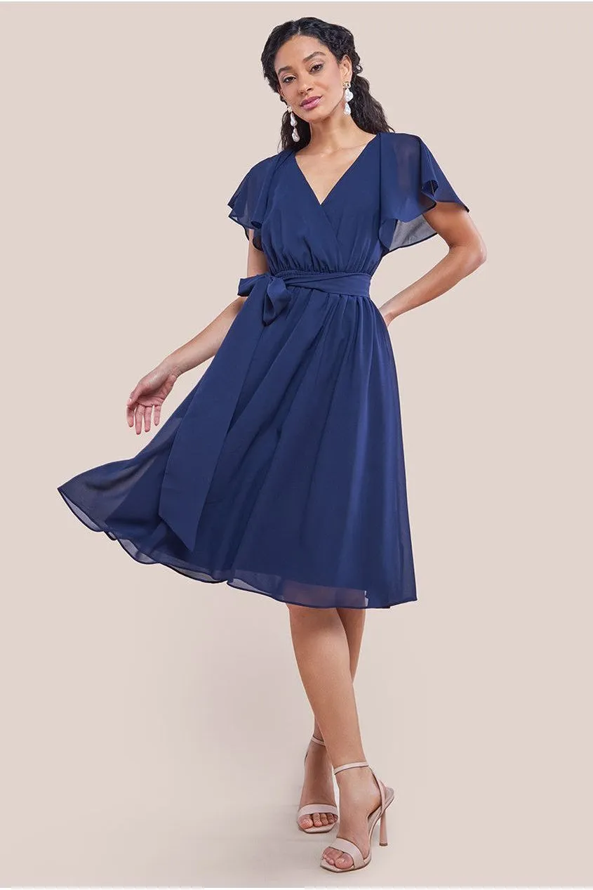 Sustainable Flutter Sleeve Chiffon Wrap Midi Dress - Navy by Goddiva sold by Goddiva