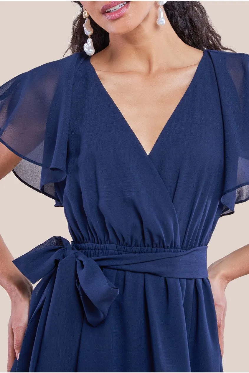 Sustainable Flutter Sleeve Chiffon Wrap Midi Dress - Navy by Goddiva sold by Goddiva product image thumbnail 3