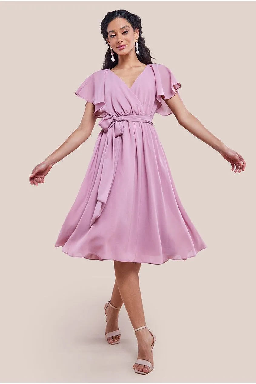 Sustainable Flutter Sleeve Chiffon Wrap Midi Dress - Lavender by Goddiva sold by Goddiva