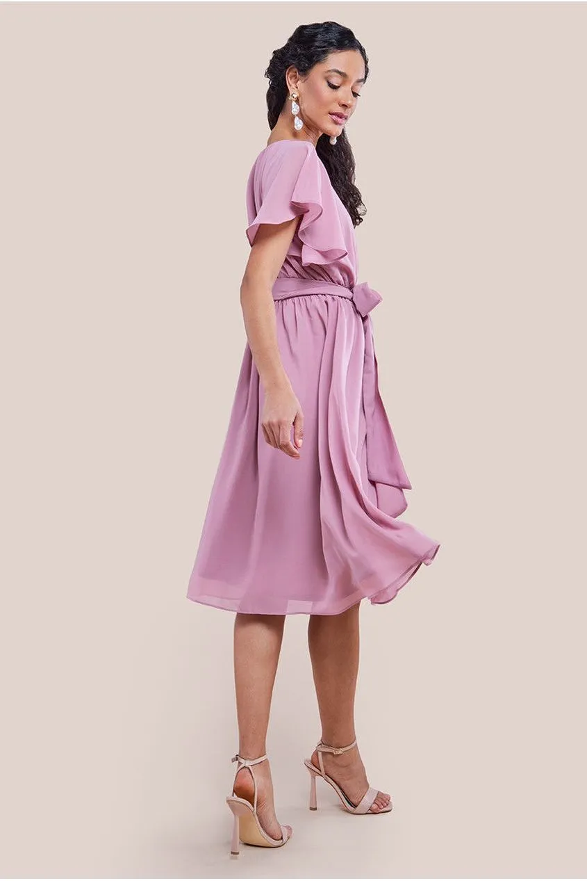 Sustainable Flutter Sleeve Chiffon Wrap Midi Dress - Lavender by Goddiva sold by Goddiva product image thumbnail 2