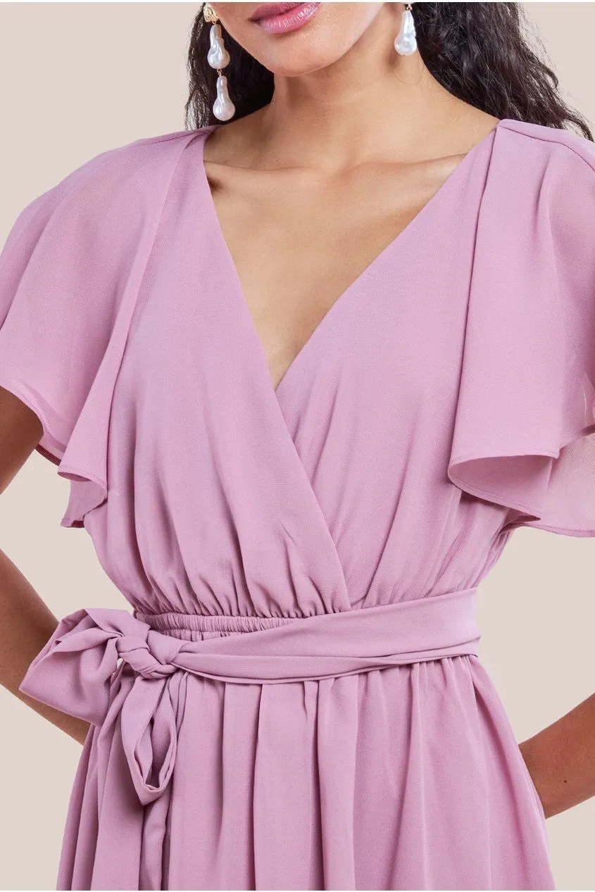 Sustainable Flutter Sleeve Chiffon Wrap Midi Dress - Lavender by Goddiva sold by Goddiva product image thumbnail 3