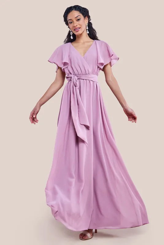 Goddiva Sustainable Chiffon Flutter Sleeve Wrap Maxi Dress - Lavender sold by Goddiva