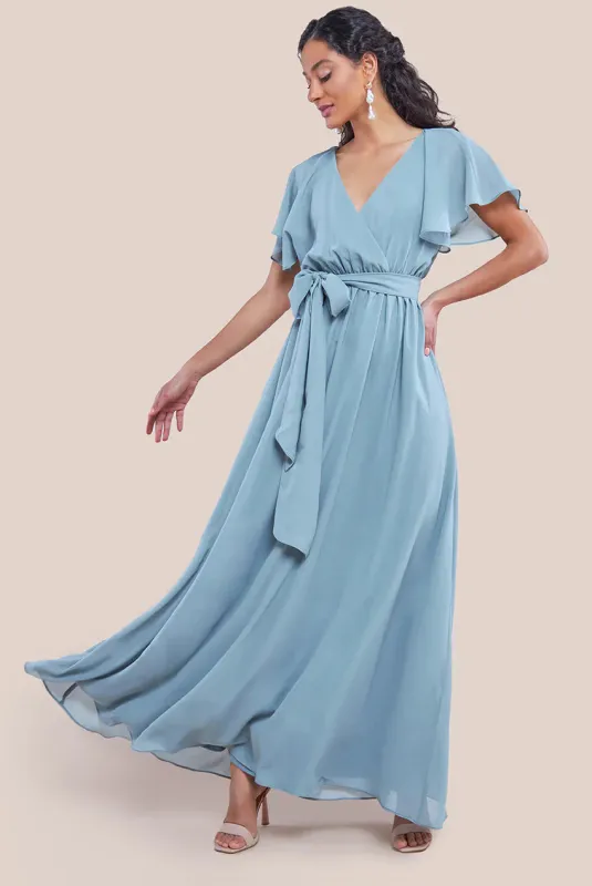 Sustainable Chiffon Flutter Sleeve Wrap Maxi Dress - Sagegreen by Goddiva sold by Goddiva