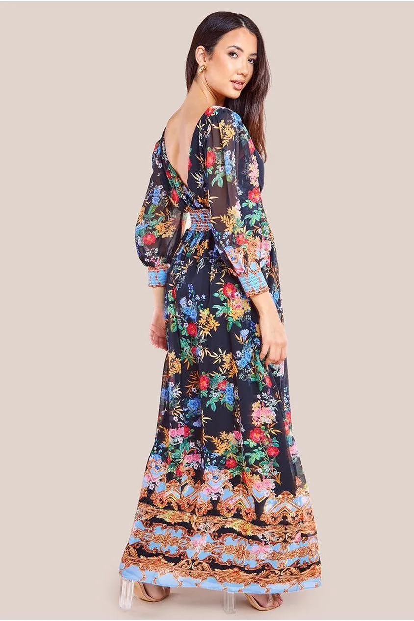 Chiffon Wrap Border Floral Print Maxi Dress - Black by Goddiva sold by Goddiva product image thumbnail 3