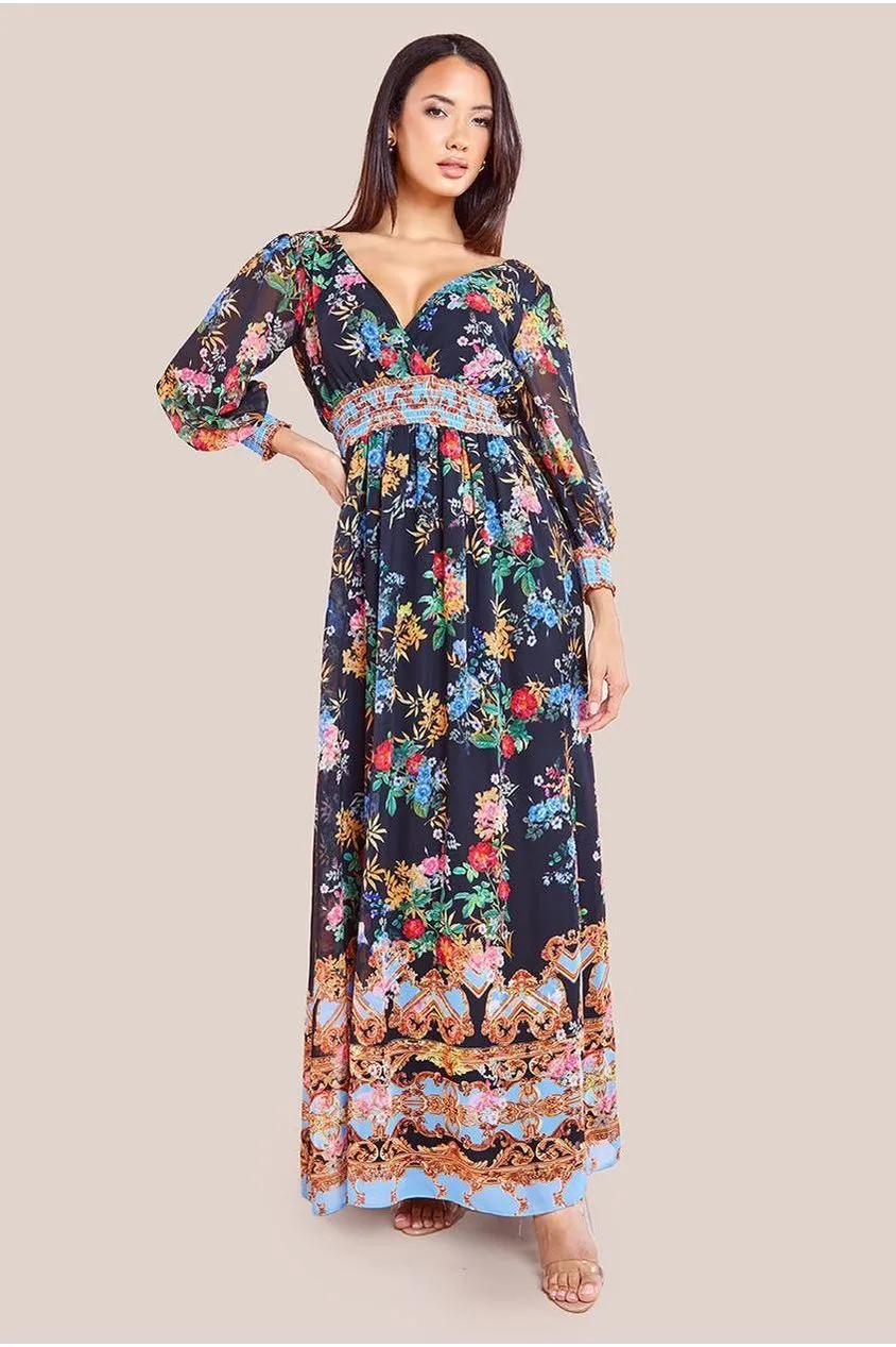 Chiffon Wrap Border Floral Print Maxi Dress - Black by Goddiva sold by Goddiva product image thumbnail 2