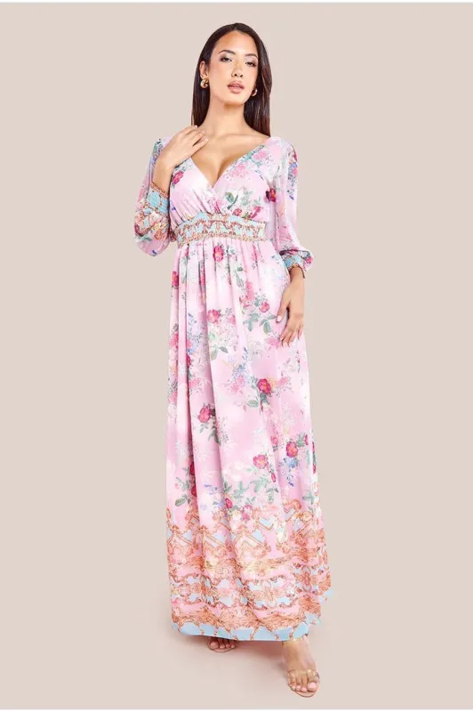 Chiffon Wrap Border Floral Print Maxi Dress - Pink by Goddiva sold by Goddiva