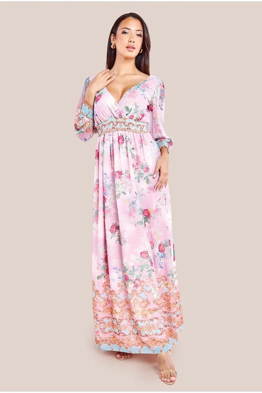 Chiffon Wrap Border Floral Print Maxi Dress - Pink by Goddiva sold by Goddiva