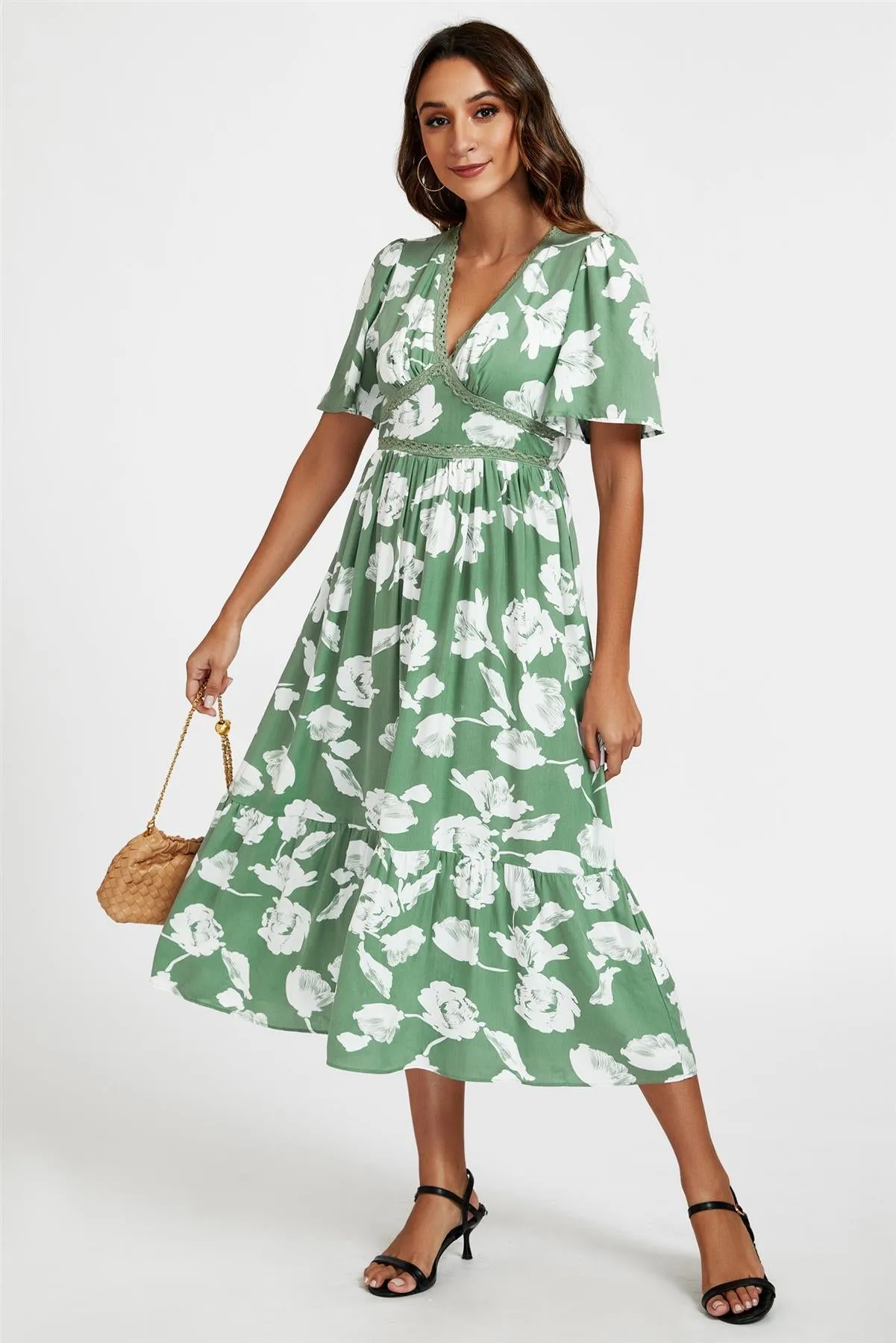 White Floral Print Lace Detail Angel Sleeve Midi Dress In Green by FS Collection sold by Goddiva product image thumbnail 3