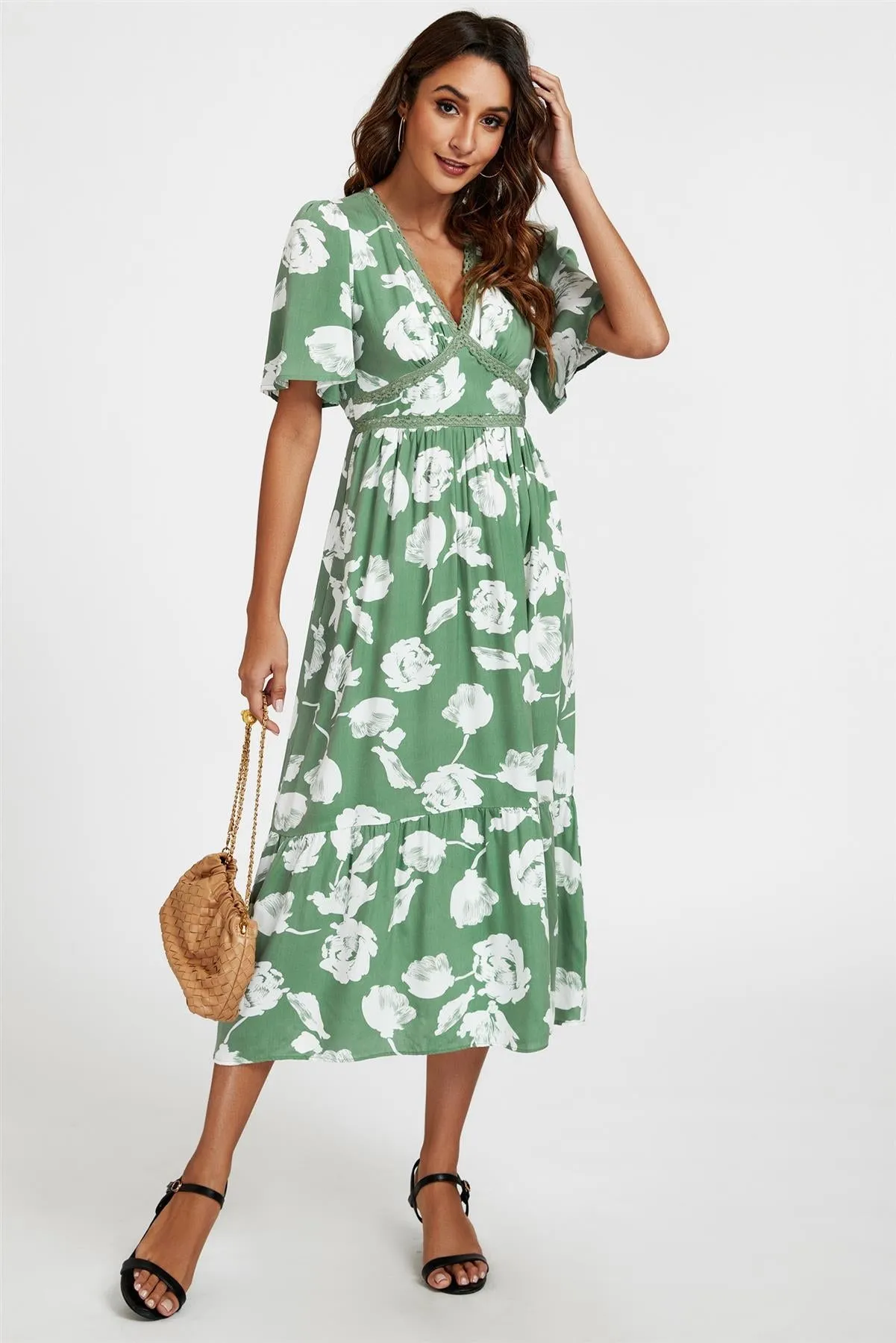 White Floral Print Lace Detail Angel Sleeve Midi Dress In Green by FS Collection sold by Goddiva