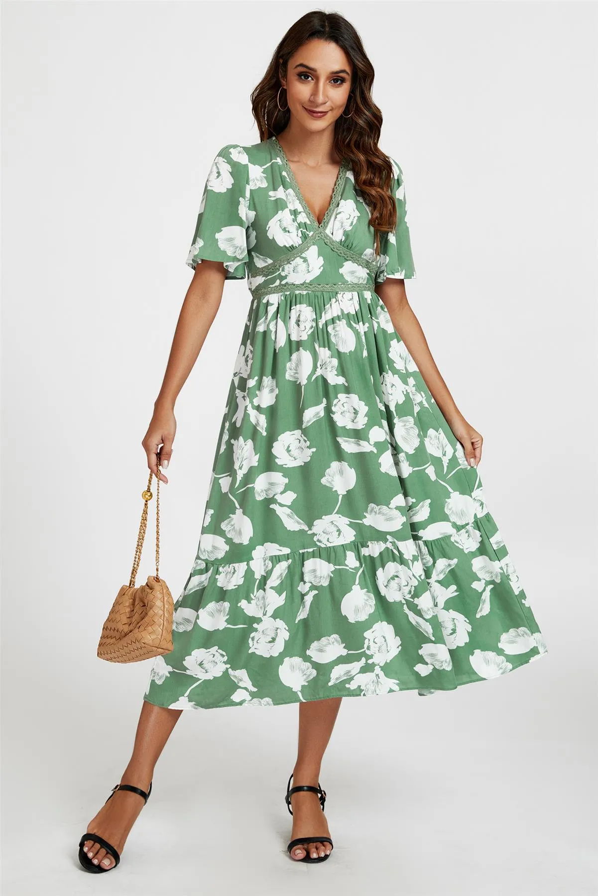White Floral Print Lace Detail Angel Sleeve Midi Dress In Green by FS Collection sold by Goddiva product image thumbnail 4
