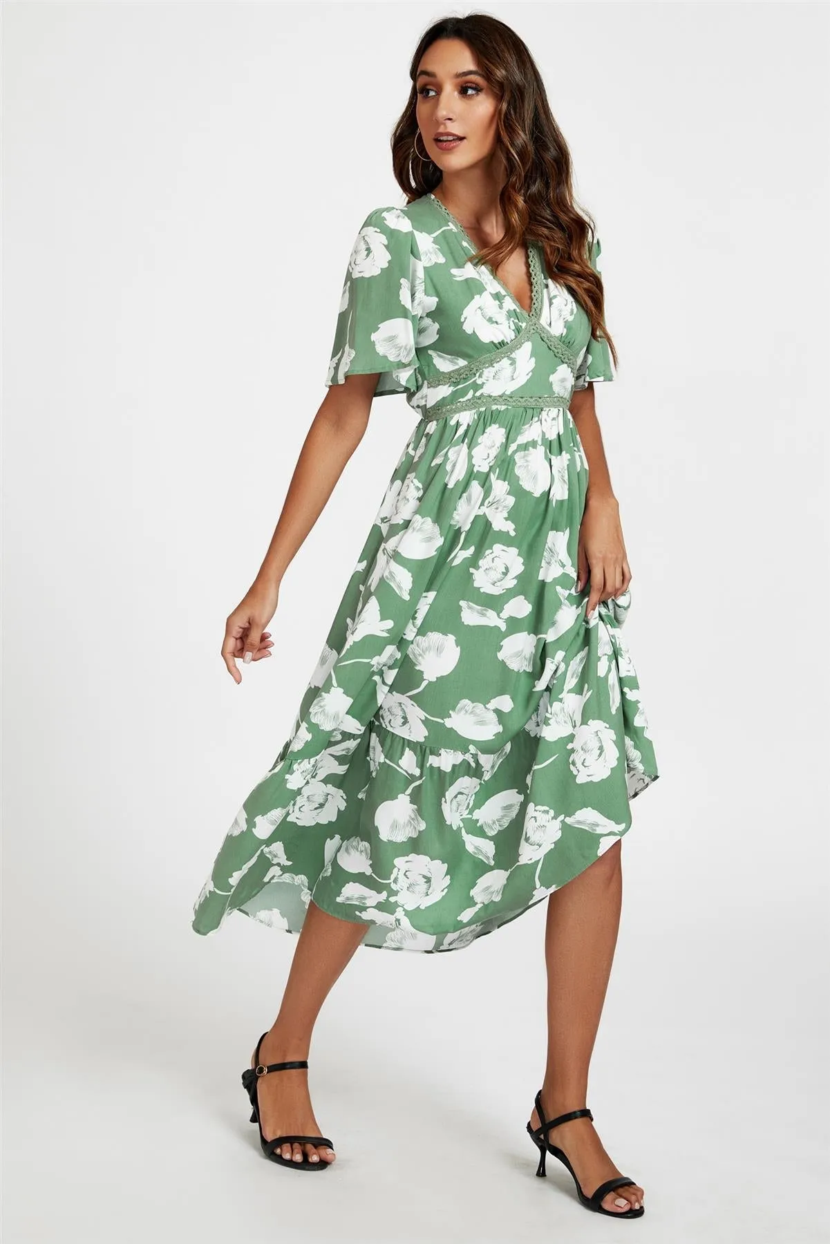 White Floral Print Lace Detail Angel Sleeve Midi Dress In Green by FS Collection sold by Goddiva product image thumbnail 2