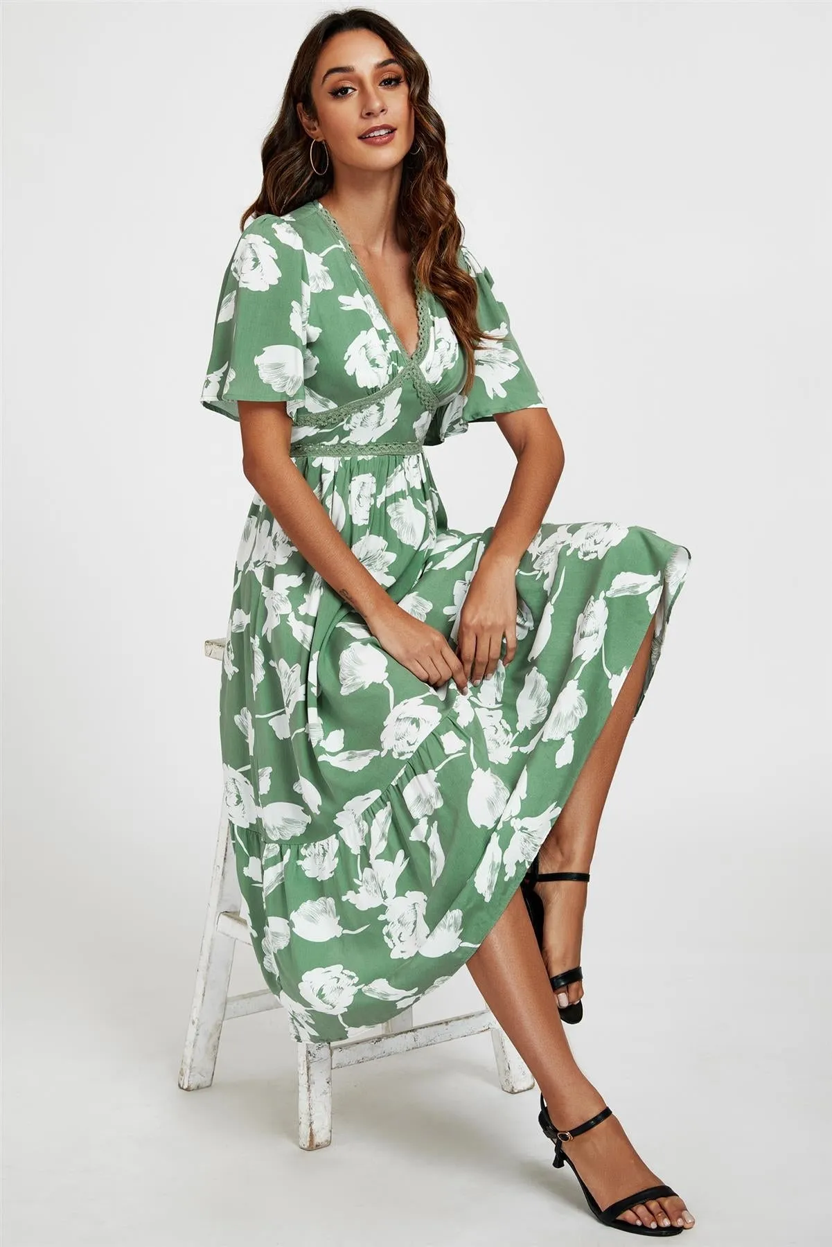 White Floral Print Lace Detail Angel Sleeve Midi Dress In Green by FS Collection sold by Goddiva product image thumbnail 5
