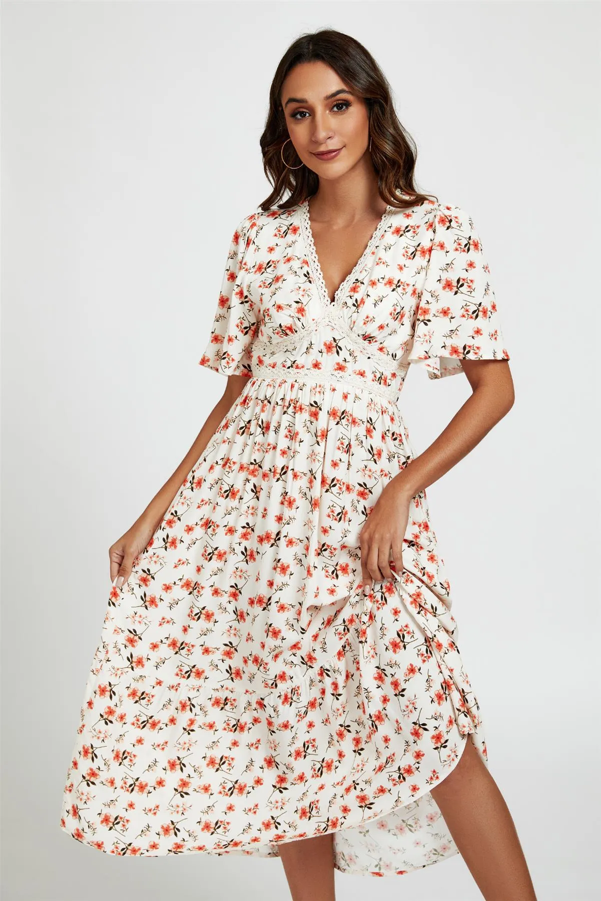 Red Floral Print Lace Detail Angel Sleeve Midi Dress In Cream by FS Collection sold by Goddiva product image thumbnail 4
