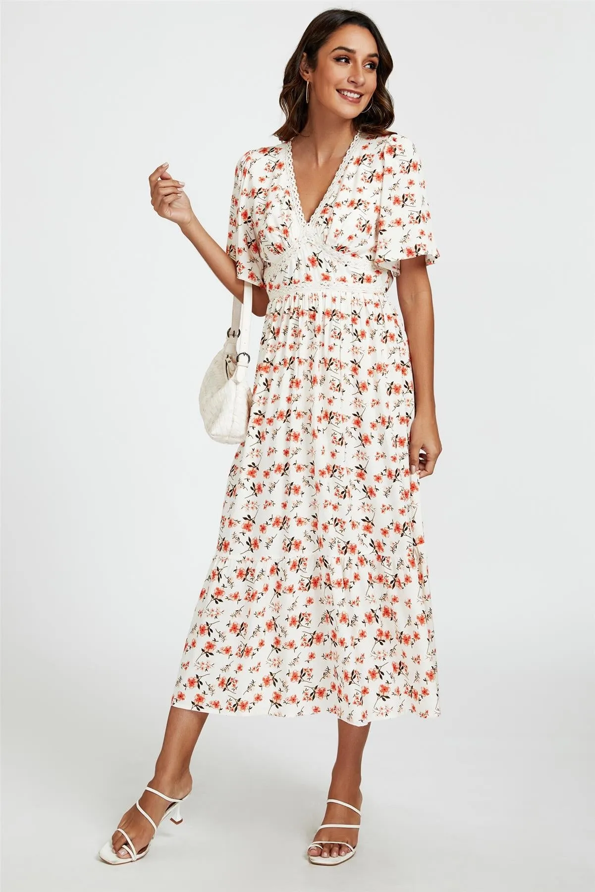 Red Floral Print Lace Detail Angel Sleeve Midi Dress In Cream by FS Collection sold by Goddiva