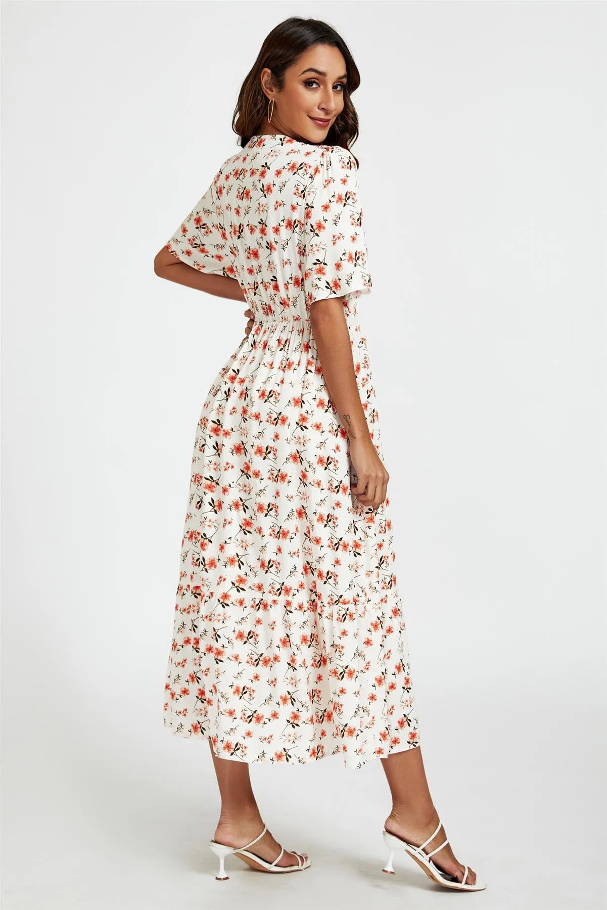 Red Floral Print Lace Detail Angel Sleeve Midi Dress In Cream by FS Collection sold by Goddiva product image thumbnail 2