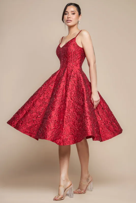 Jacquard Sleeveless A-line Midi Dress - Red by Goddiva sold by Goddiva