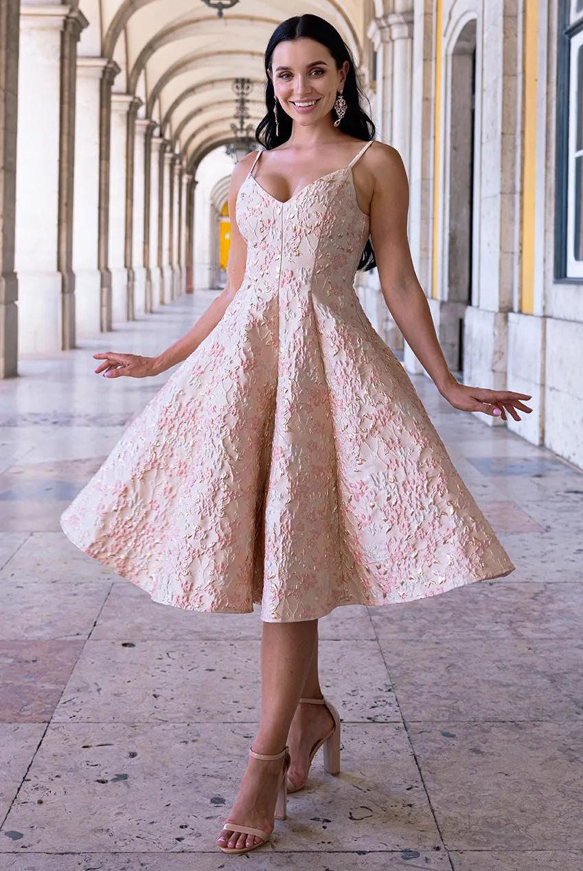 Jacquard Sleeveless A-line Midi Dress - Blush Pink by Goddiva sold by Goddiva