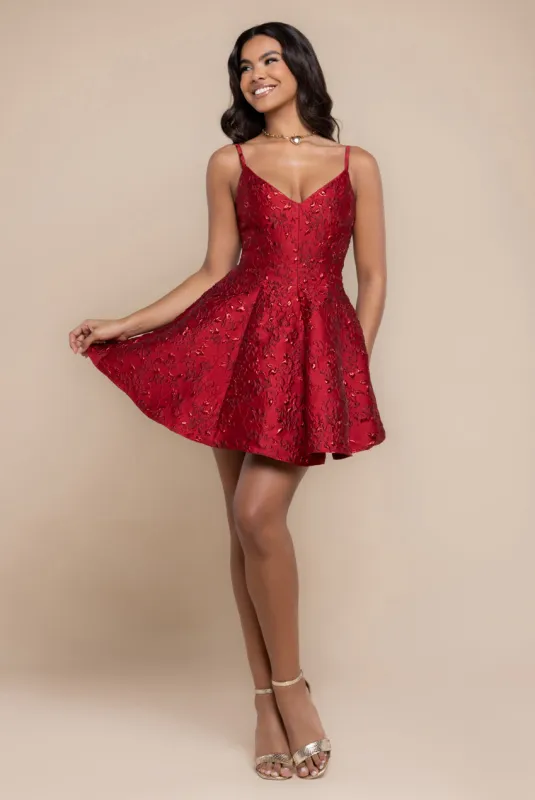 Jacquard Sleeveless A-line Mini Dress - Red by Goddiva sold by Goddiva