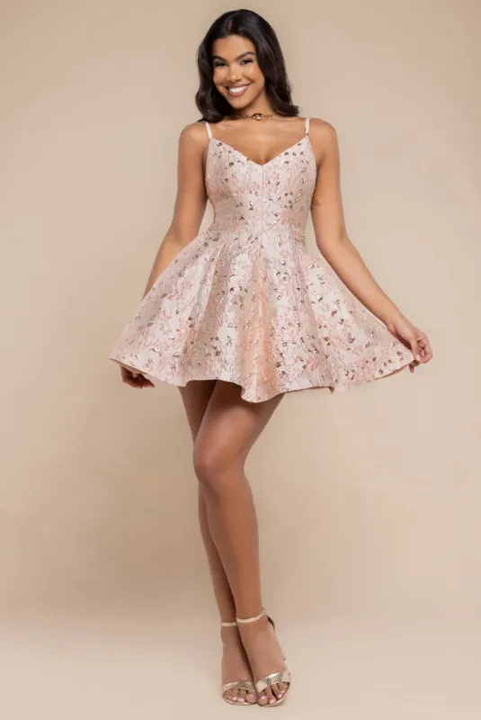 Jacquard Sleeveless A-line Mini Dress - Blush Pink by Goddiva sold by Goddiva
