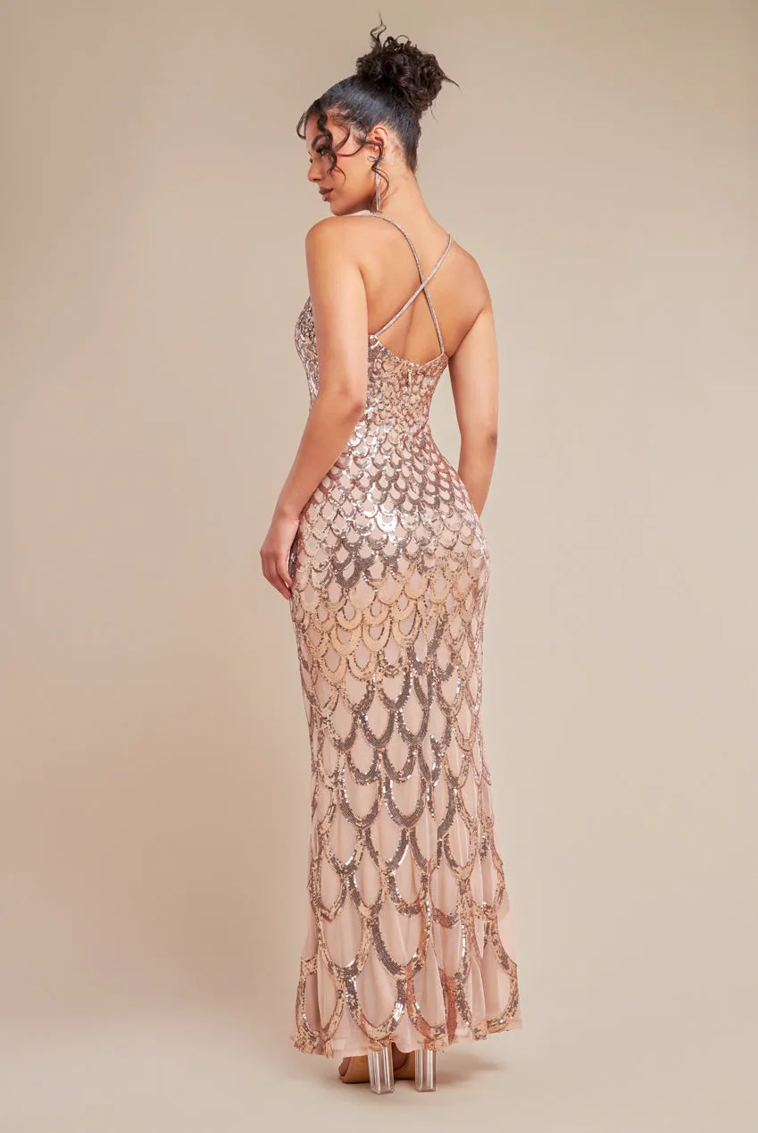 Diamante Strap Fish Scale Sequin Maxi Dress - Champagne by Goddiva sold by Goddiva product image thumbnail 2