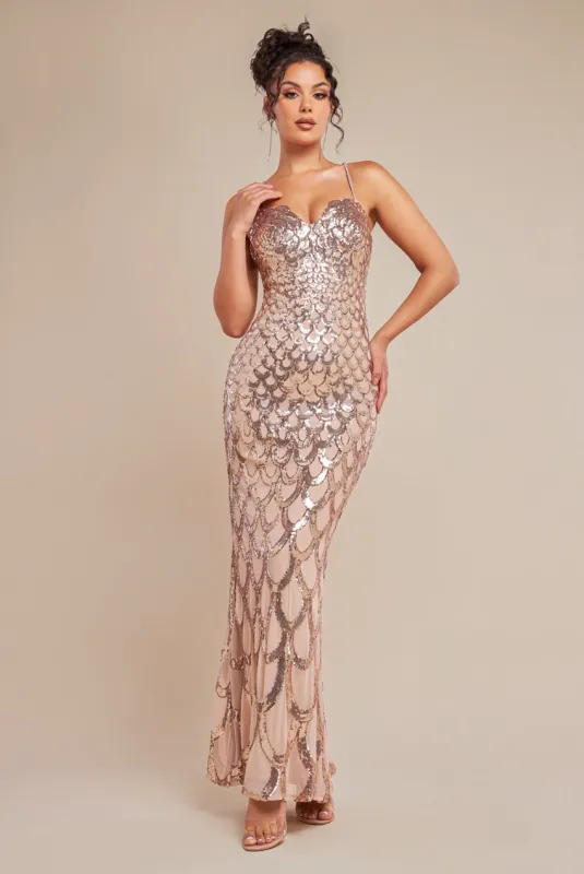 Diamante Strap Fish Scale Sequin Maxi Dress - Champagne by Goddiva sold by Goddiva