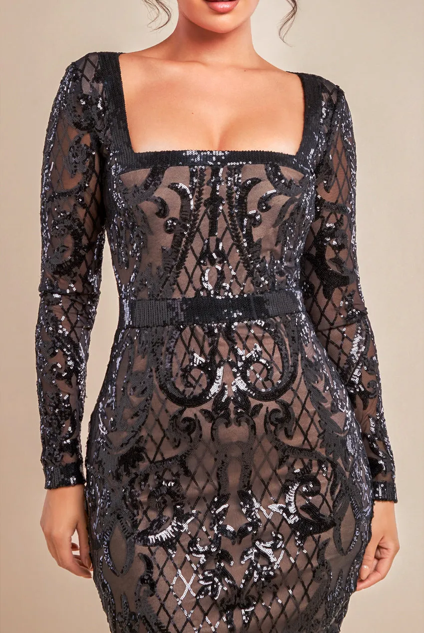 Sequin Square Neck Bodycon Midi Dress With Scalloped Hem - Black by Goddiva sold by Goddiva product image thumbnail 3