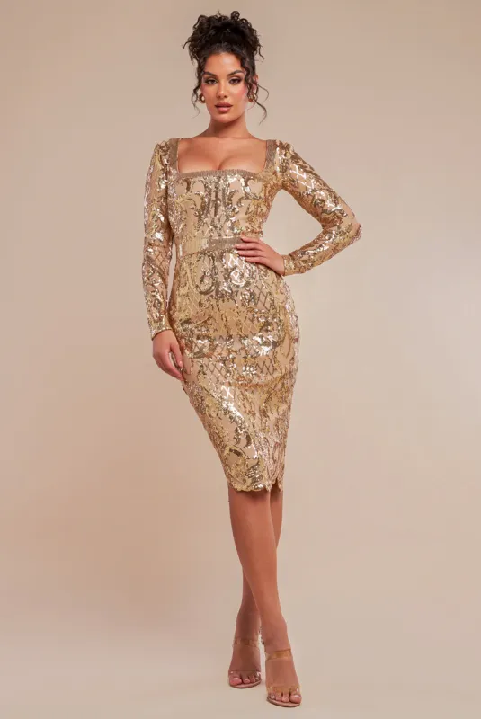 Sequin Square Neck Bodycon Midi Dress With Scalloped Hem - Gold by Goddiva sold by Goddiva