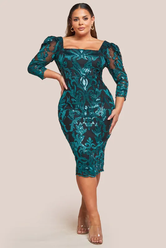 Square Neck Scalloped Embroidered Sequin Midi Dress - Emerald Green by Goddiva Plus sold by Goddiva