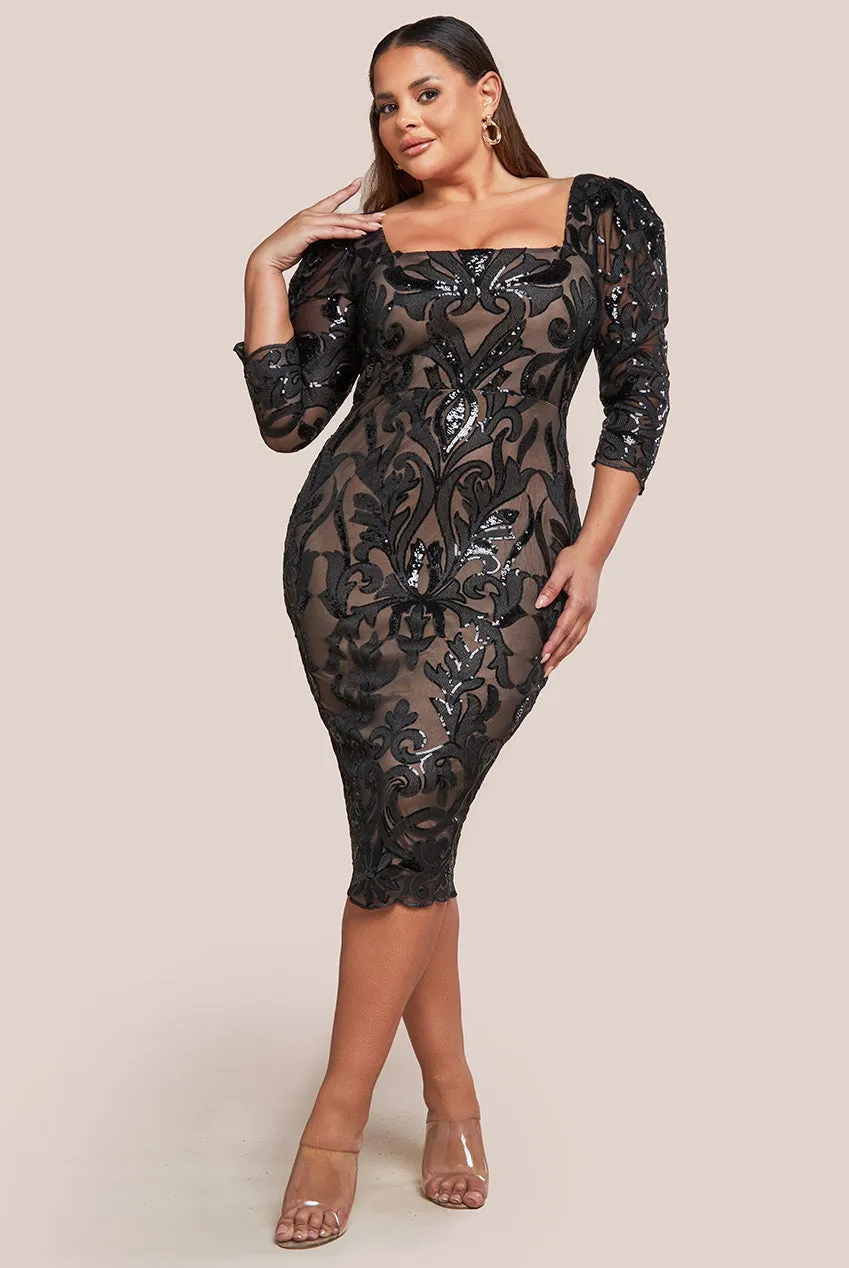 Square Neck Scalloped Embroidered Sequin Midi Dress - Black by Goddiva Plus sold by Goddiva