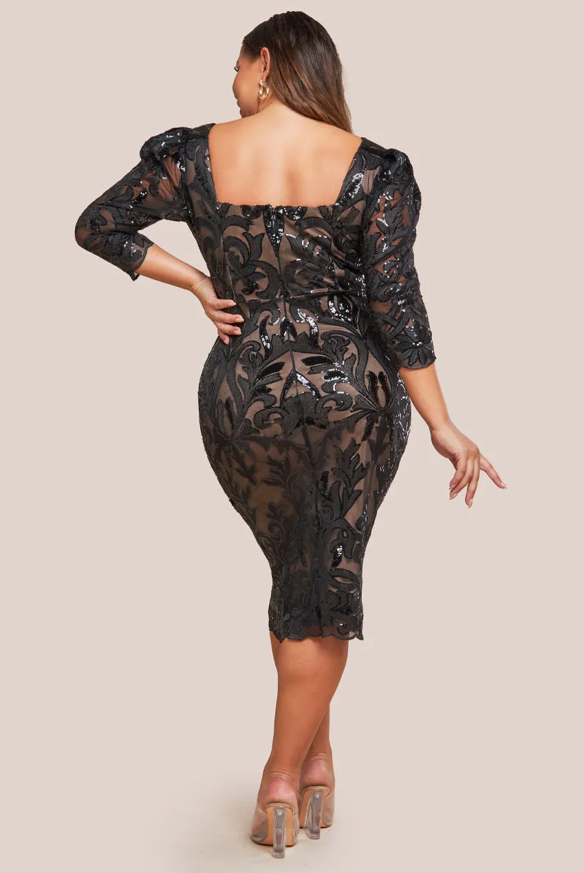 Square Neck Scalloped Embroidered Sequin Midi Dress - Black by Goddiva Plus sold by Goddiva product image thumbnail 2