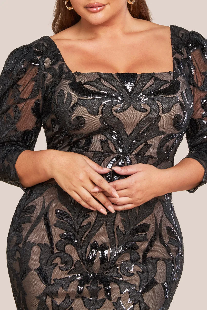 Square Neck Scalloped Embroidered Sequin Midi Dress - Black by Goddiva Plus sold by Goddiva product image thumbnail 3