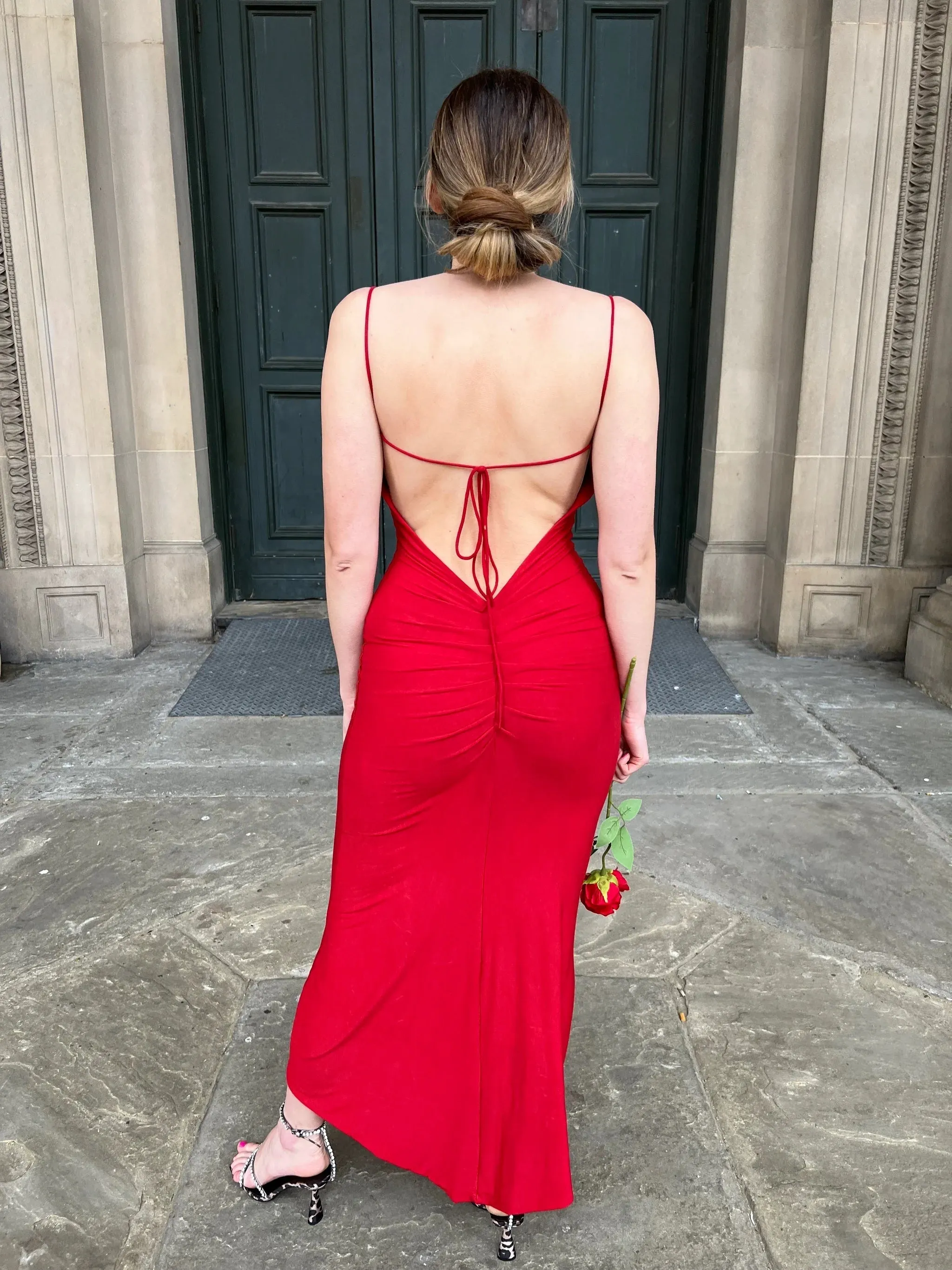 Kaylee Red Ruched Back Bodycon Dress by InFlair sold by Goddiva product image thumbnail 4