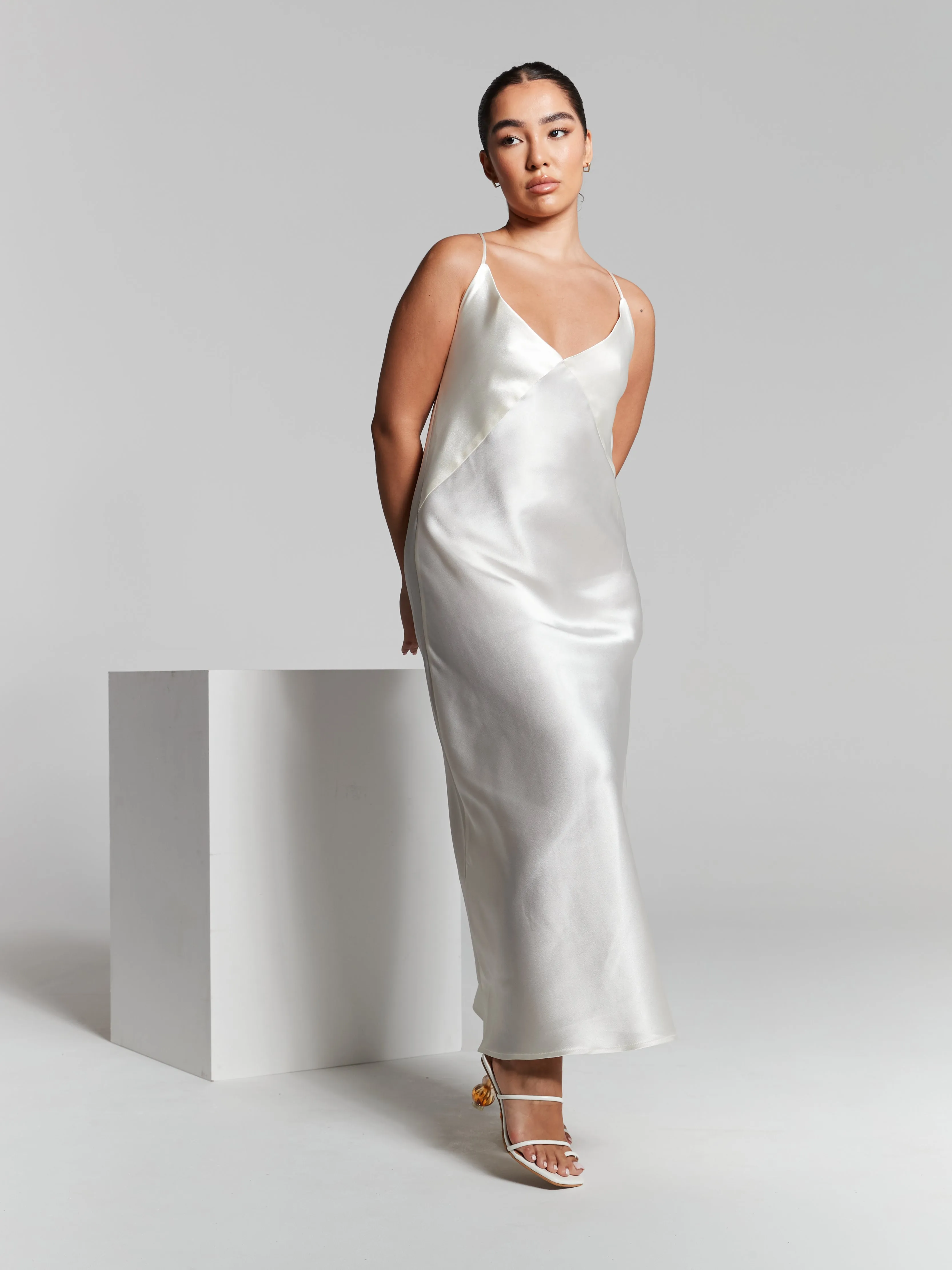 Ivory Cowl Back Midi Slip Dress by InFlair sold by Goddiva