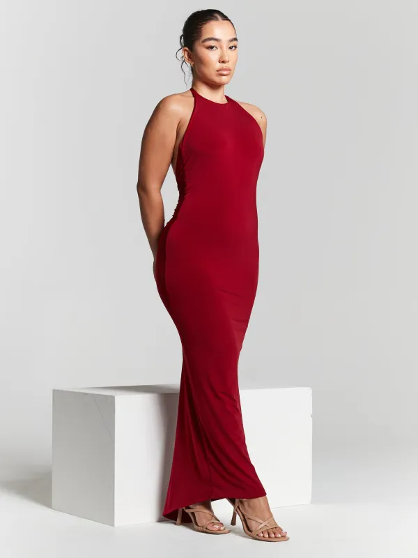 Kim Maroon Knot Back Bodycon Dress by InFlair sold by Goddiva