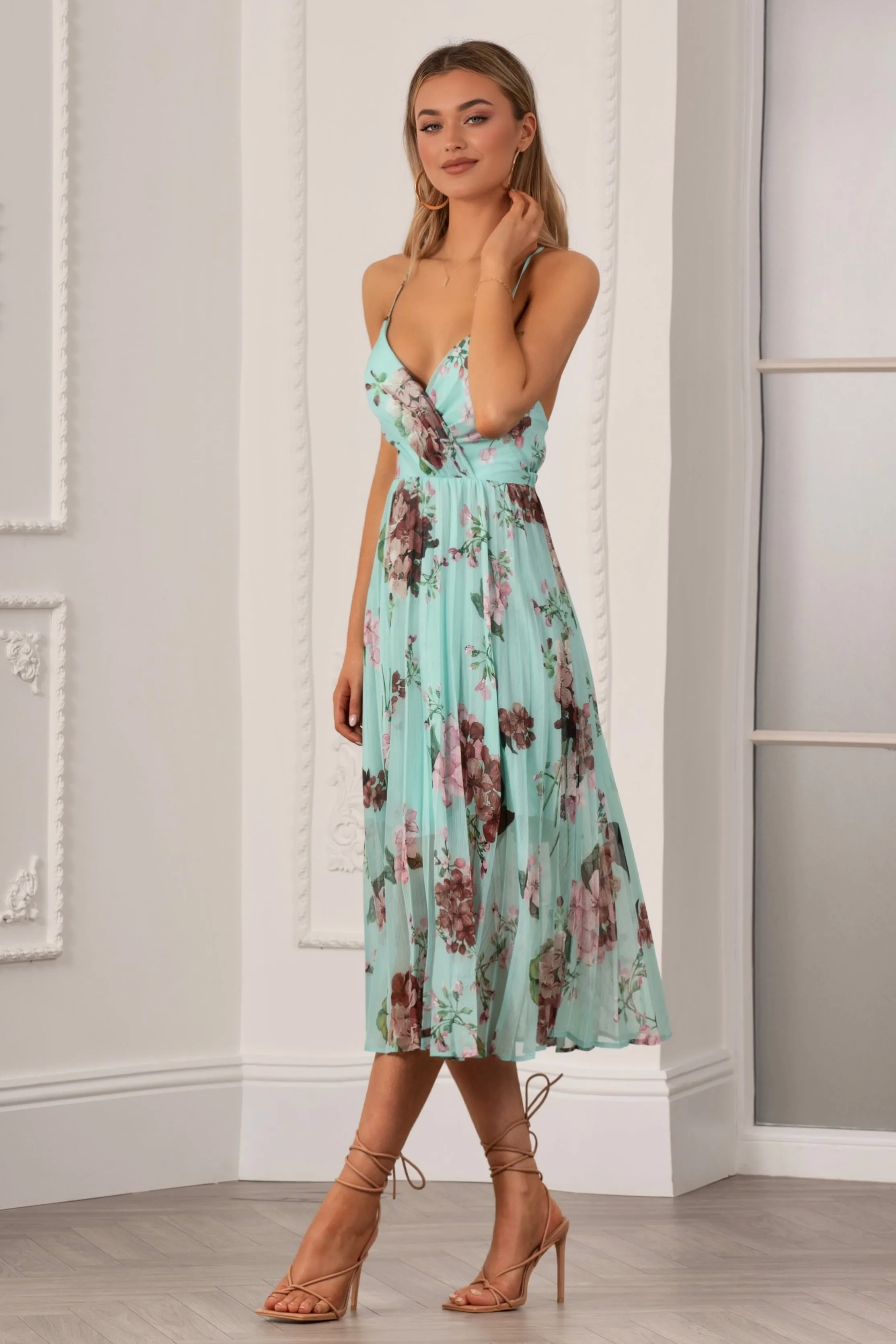 Floral Print Pleated Wrap Body Midi Dress by Urban Touch sold by Goddiva product image thumbnail 3