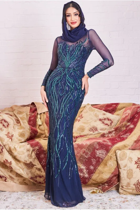 Goddiva Modesty Sequin Flame Maxi Dress - Navy sold by Goddiva