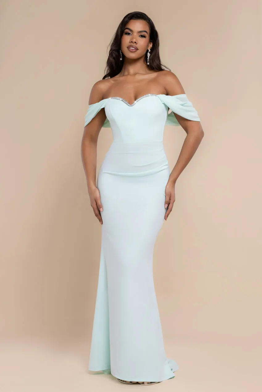 Off The Shoulder Draped Sleeve Maxi Dress With Diamante Neckline - Mint Green by Goddiva sold by Goddiva
