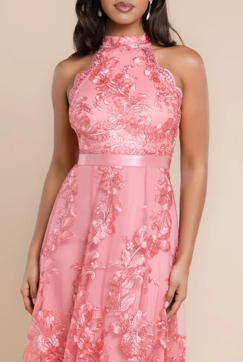 Halter Neck Lace High And Low Dress - Coral by Goddiva sold by Goddiva product image thumbnail 3