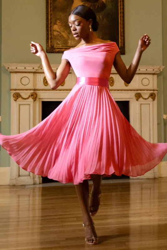 Cowl Neck Pleated A-Line Chiffon Midi Dress - Coral by Goddiva made by Goddiva