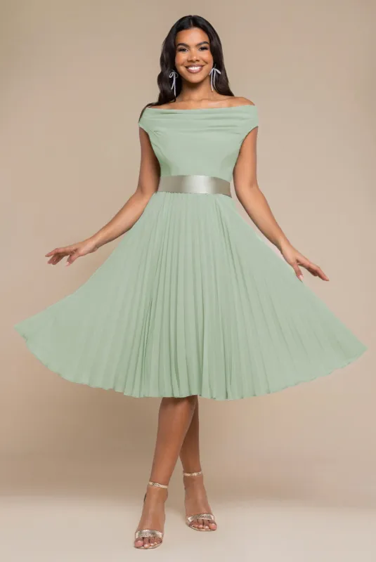 Cowl Neck Pleated A-Line Chiffon Midi Dress - Sage Green by Goddiva sold by Goddiva